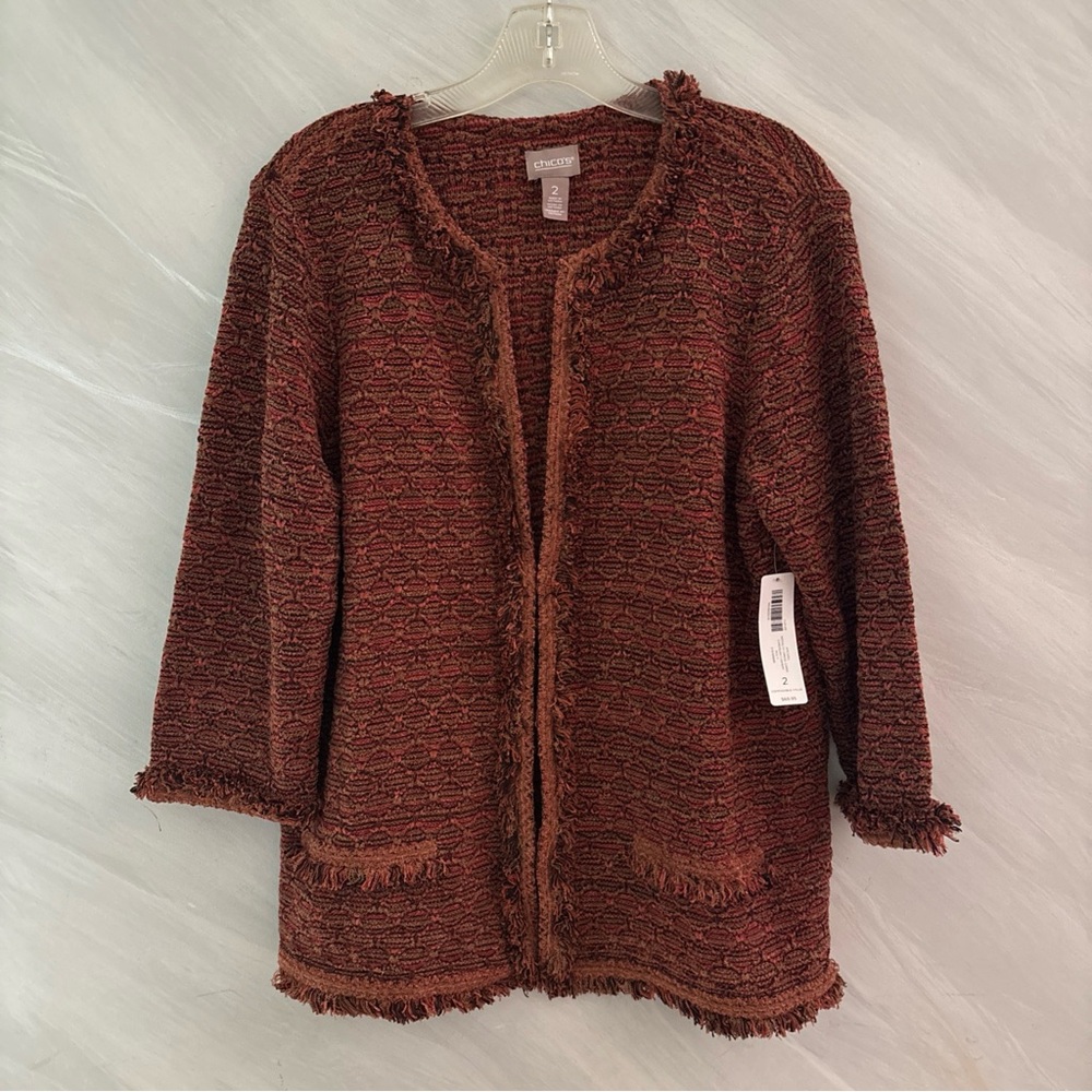 Chico's 2 ( L 12/14) Orange/ Brown  Fringe Trim Sweater Cardigan New! Old Money